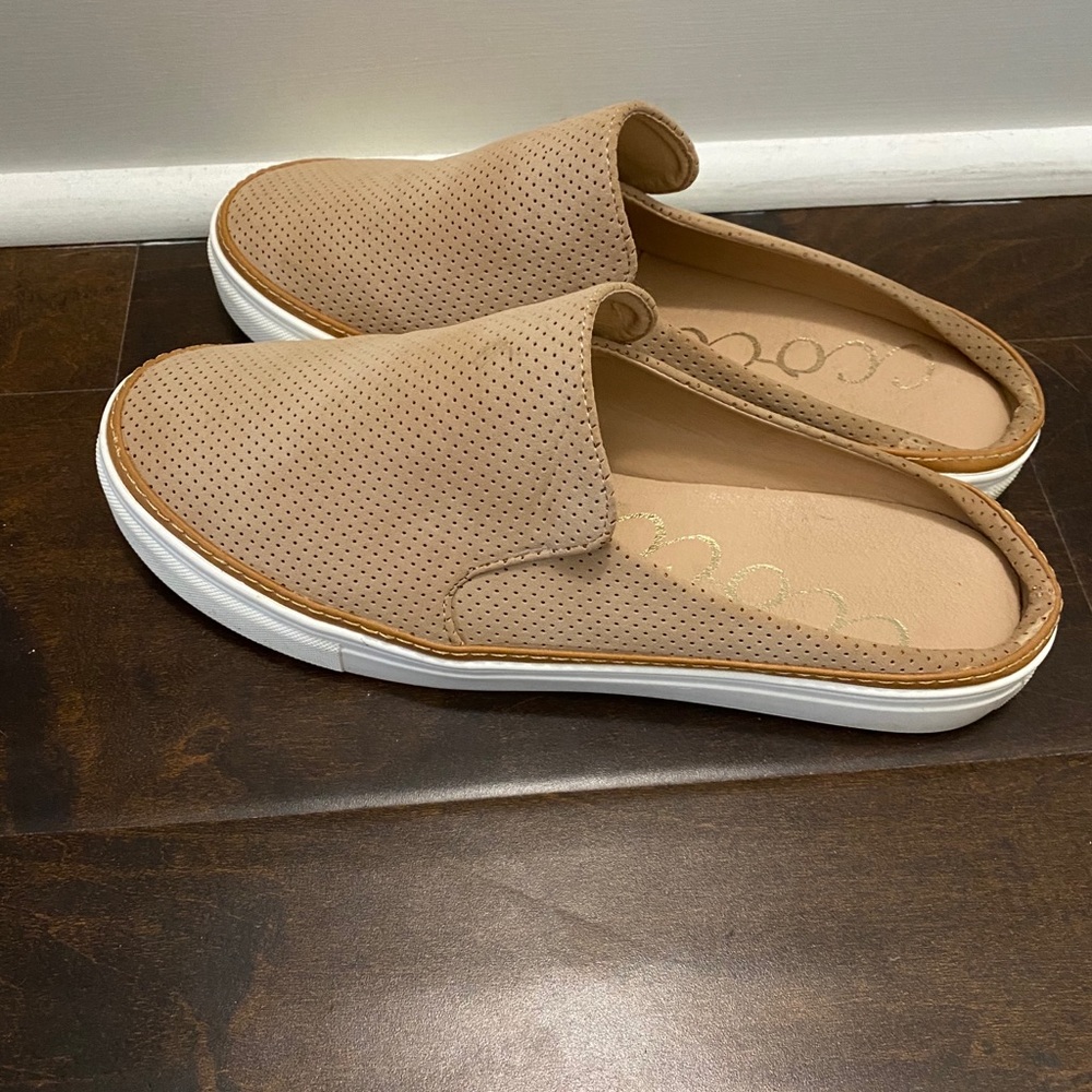 Lightly worn tan slip ons